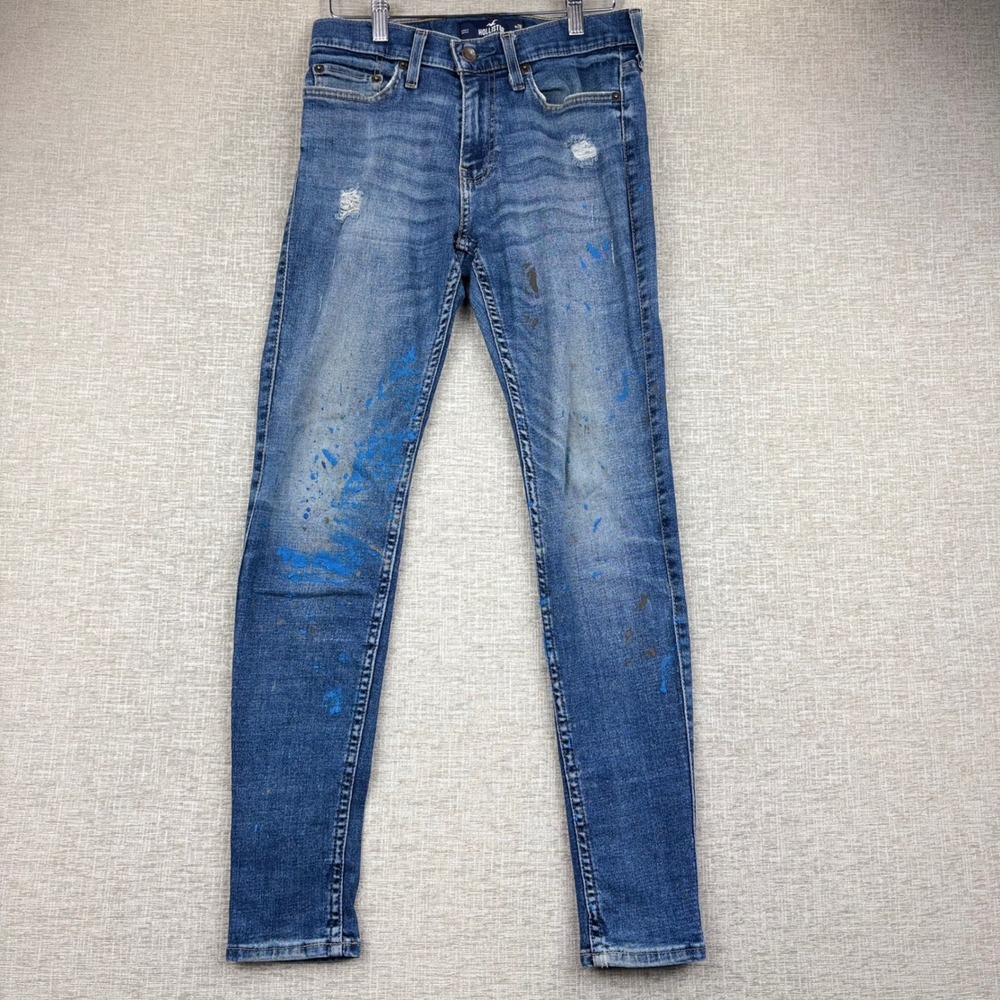 Hollister Super Skinny Jeans Mens 28x30 Blue Paint Splatter Distressed Denim